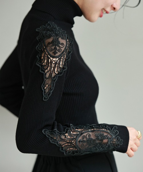 cawaii ニット セーター 美しく透ける肩レースのタートルネックニット