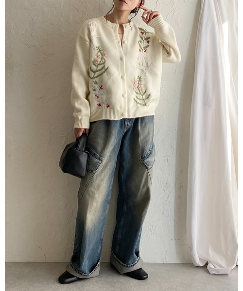 She's Closet カーディガン 花柄フラワー刺繍長袖ニットカーディガン