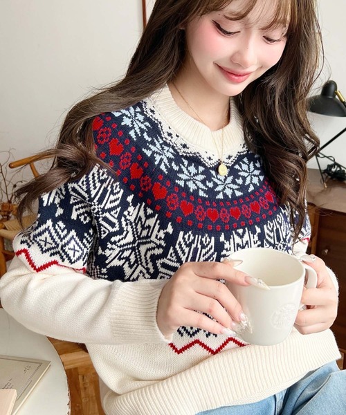 moment+ ニット セーター スノーノルディック柄求心Wジャガードニット