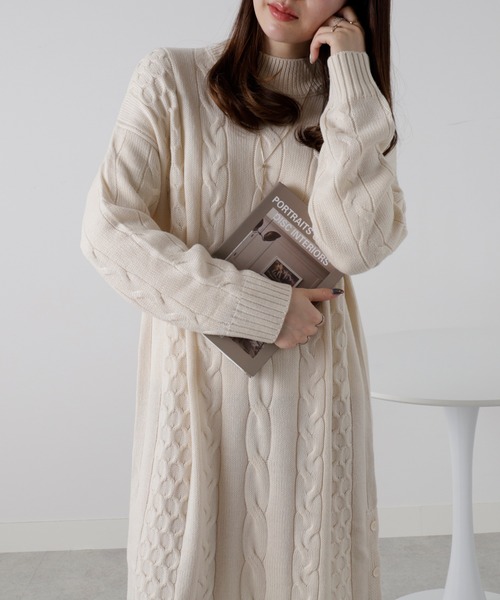 BELLUNA PLUS（ベルーナプラス） ワンピース ケーブル柄ロング丈ニット