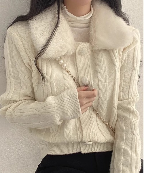 AsRiRe カーディガン 2way フェイクファー ケーブルニットカーディガン