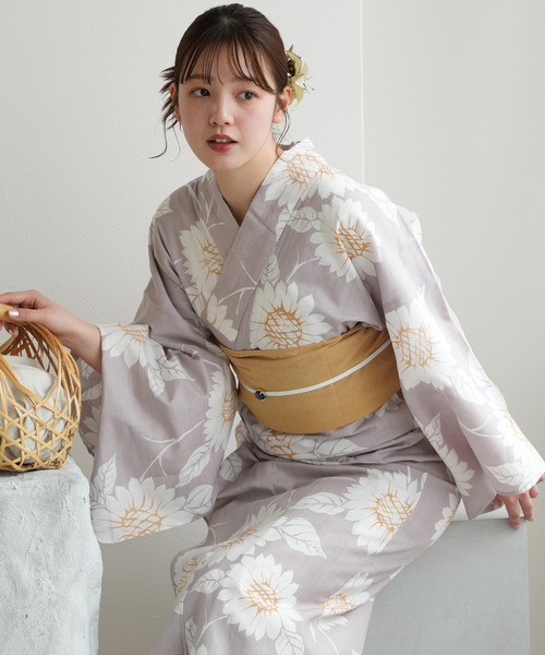 utatane 浴衣 浴衣3点セット グレーに向日葵（作り帯） レディース