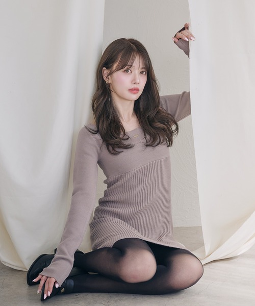 fupel ワンピース 2way velour ribbon mini knit onepiece / 2way