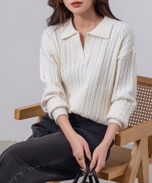 DAY CLOSET ニット セーター 長袖 もちっと柔らか ケーブル×リブ編み