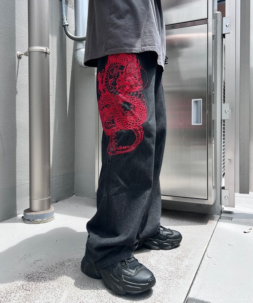 ジーンズ デニム デニムパンツ ドラゴン刺繍デニムパンツ レディース