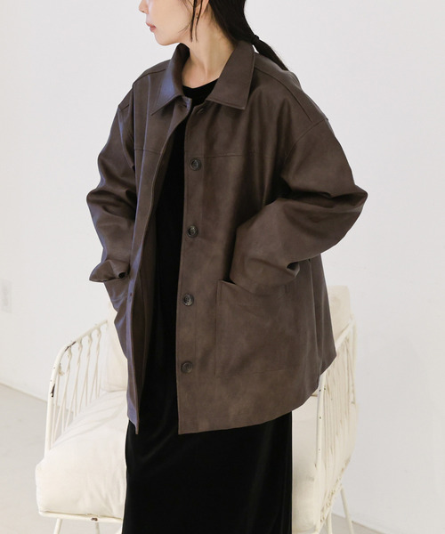 ステンカラーコート コート ステンカラーフェイクレザージャケット