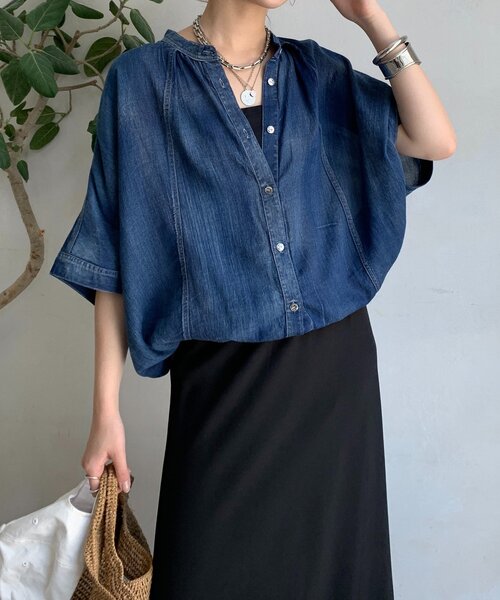 DouDou（ドゥドゥ） ブラウス シャツ シアーデニムポンチョ風ブラウス