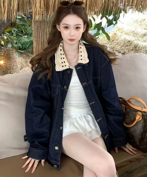 デニムジャケット gジャン 衿レースデザイン オーバーサイズデニム