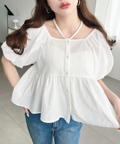 moment+ ブラウス シャツ チョーカー付き半袖バルーンスリーブペプラム