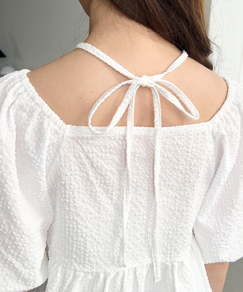 moment+ ブラウス シャツ チョーカー付き半袖バルーンスリーブペプラム