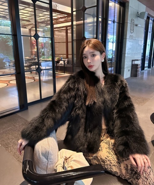 ノーカラーコート コート フェイクファー ショート丈 レディース