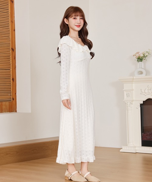 Anely ワンピース 透かし編み フリルネック レース ロング ニット