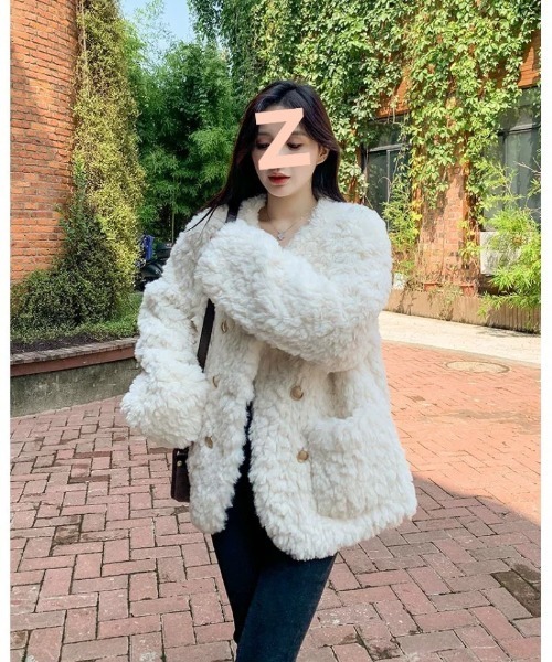 ジャケット ノーカラージャケット もこもこ ノーカラーフェイクファー