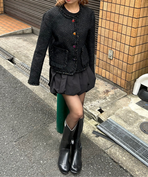 ジャケット ノーカラージャケット ハートボタン ノーカラーツイード