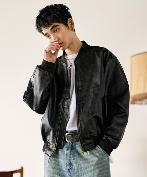 Bleme ma1 ma-1 PU合皮 ダブルジップ MA-1 ボンバージャケット