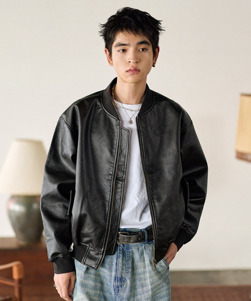 Bleme ma1 ma-1 PU合皮 ダブルジップ MA-1 ボンバージャケット