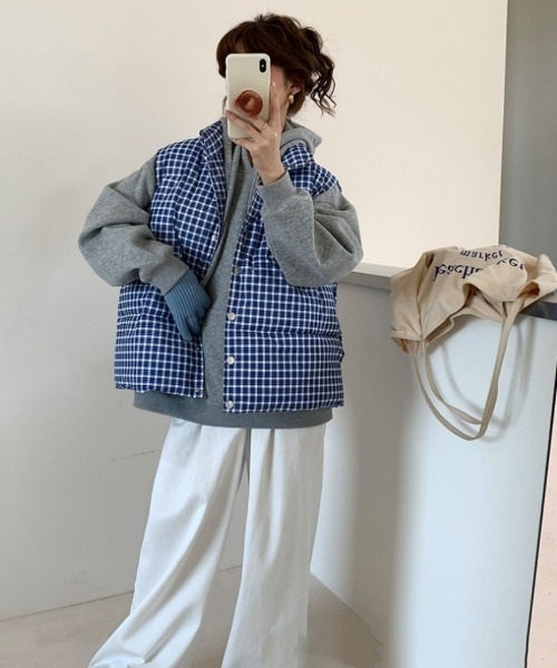 ダウンベスト ベスト チェック柄 スタンドカラー エコダウンベスト