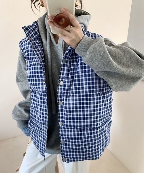 ダウンベスト ベスト チェック柄 スタンドカラー エコダウンベスト