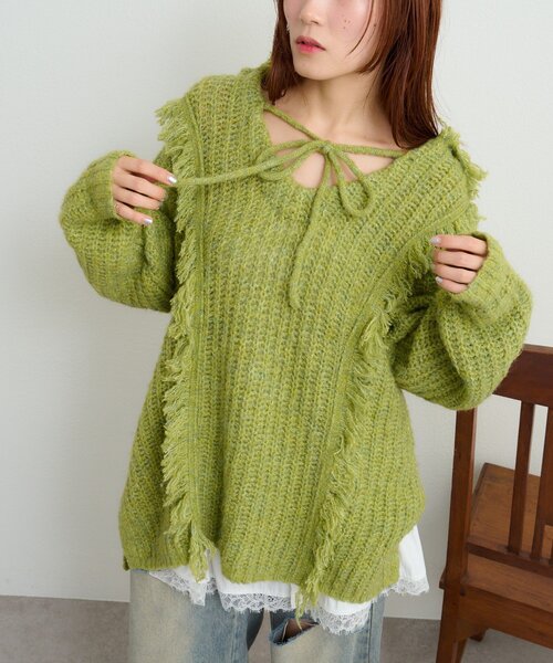 w closet（ダブルクローゼット） ニット セーター フード付フリンジMIX