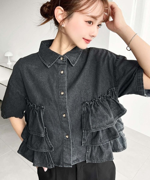 moment+ ブラウス シャツ 半袖ティアードフリルデニムシャツ