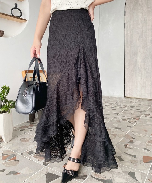 moment+ スカート アシンメトリースリット入りフリルレースロング