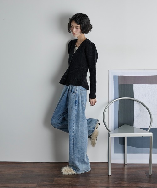 THE Yon カーディガン ペプラムリップルジャガードニットカーディガン