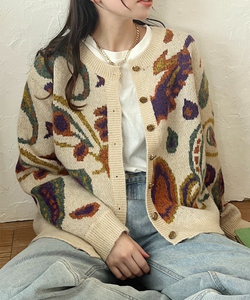 カーディガン 変形ゴールドボタン ジャガードニットカーディガン