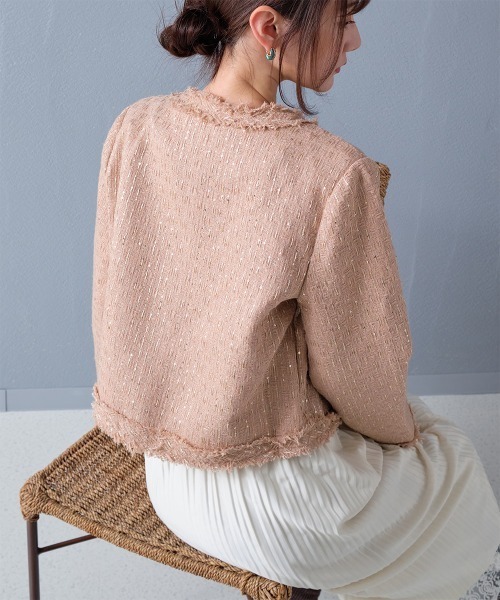 ジャケット ノーカラージャケット ゴールド調ボタン ラメツイード