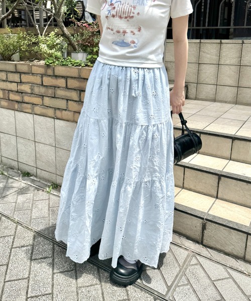 Loueme スカート フラワー刺繍コットンレースティアードスカート
