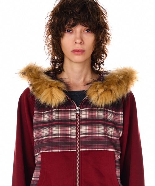 BEEDEN パーカー CHECK PRINT ZIP UP FUR HOODIE レディース