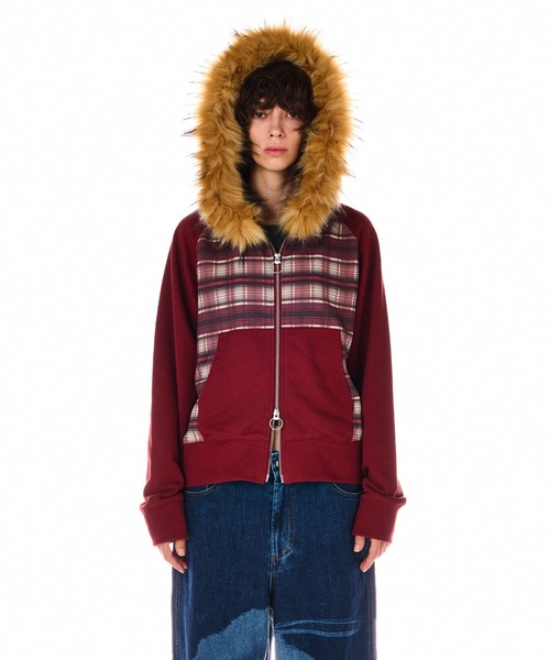 BEEDEN パーカー CHECK PRINT ZIP UP FUR HOODIE レディース
