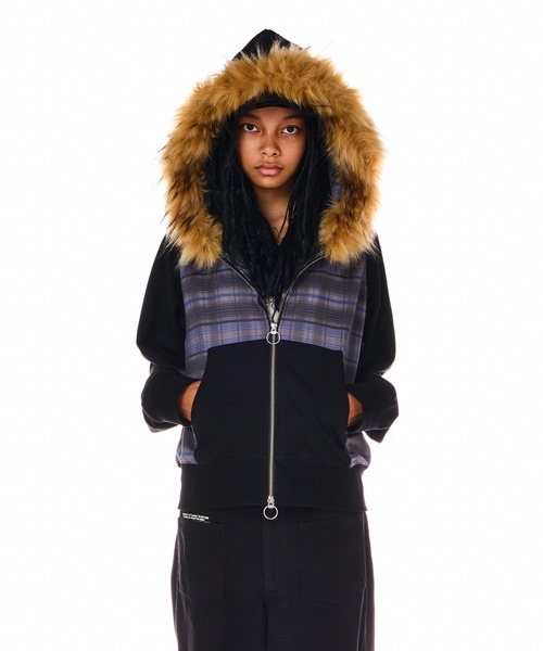 BEEDEN パーカー CHECK PRINT ZIP UP FUR HOODIE レディース