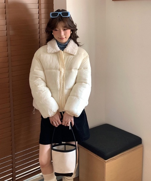 ダウンコート ダウンジャケット フロントリボンデザイン 衿ボアエコ