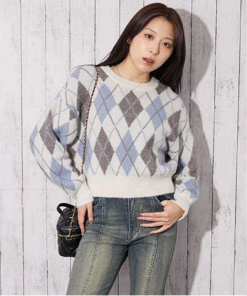 ニット セーター 「アーガイル×ラメMIX」レディース シャギーニット