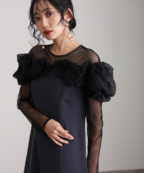 atlo（アトロ） ドレス 袖あり＆ミモレ丈同窓会ラッフルお呼ばれ結婚式