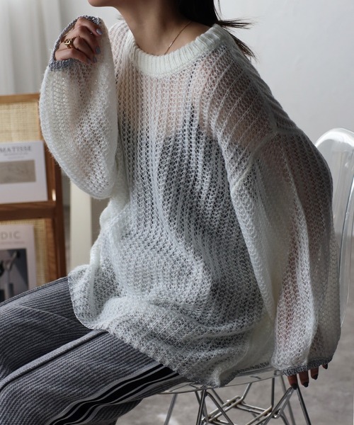 ap retro ニット セーター 配色ラメ 透かし編みニットトップス