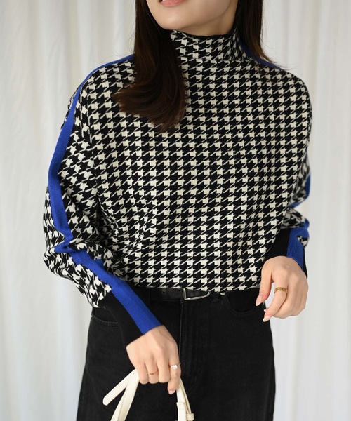 ＆HALF ニット セーター 千鳥柄サイドライン配色ハイネックニット