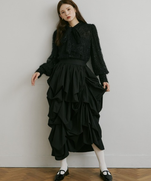 Olu.（オルドット） ブラウス シャツ スパンコールレースリボンタイ