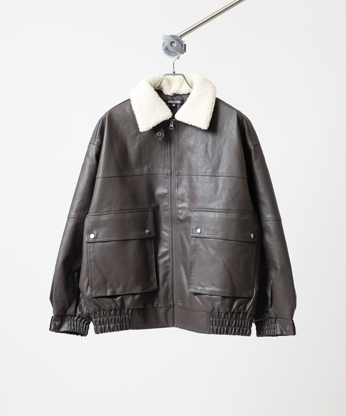 SUGGESTION ブルゾン アウター Fake leather blouson with boa collar