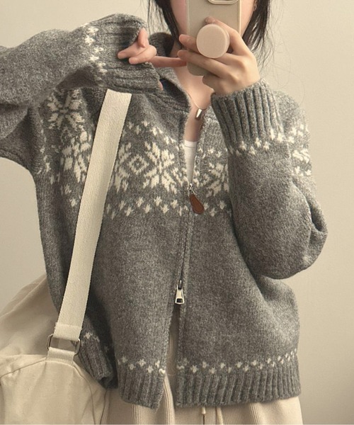 カーディガン ノルディック柄ジップアップニットカーディガン