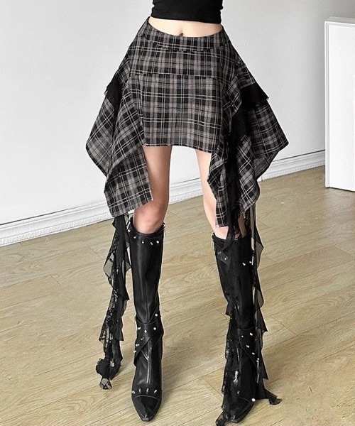 Sibra（シブラ） スカート アシンメトリー切替チェックロングスカート