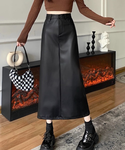 ampm（エーエムピーエム） スカート ハイウエストフェイクレザーA