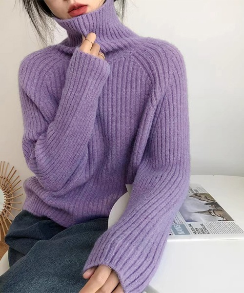 ニット セーター 厚手リブ編みハイネックニット レディース : ZOZOTOWN
