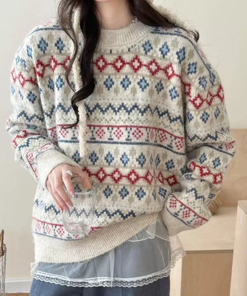 DIAVEL ニット セーター 「秋冬新作」ノルディック柄フェアアイル