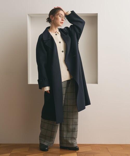 ユナイテッドアローズ】ダブルフェイス ノーカラー リバー コート 紺