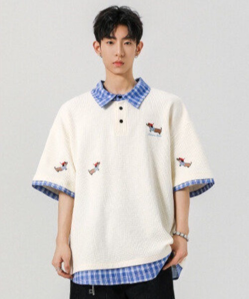 FreeZone tシャツ レイヤード風チェック襟ポロシャツ メンズ