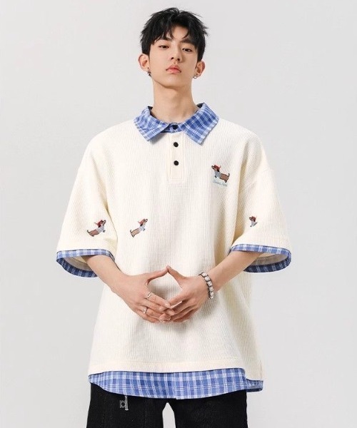 FreeZone tシャツ レイヤード風チェック襟ポロシャツ メンズ