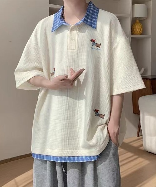 FreeZone tシャツ レイヤード風チェック襟ポロシャツ メンズ