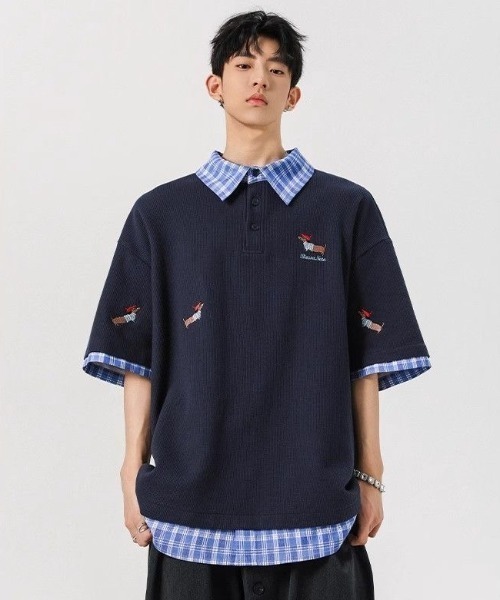 FreeZone tシャツ レイヤード風チェック襟ポロシャツ メンズ