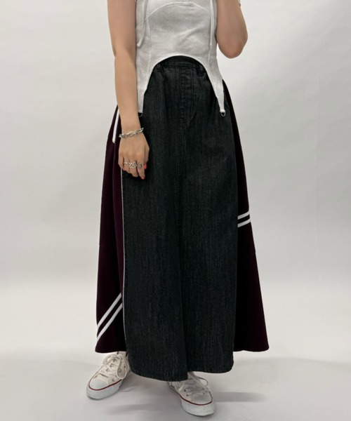 DOUBLE NAME（ダブルネーム） スカート ジャージMIXデニムフレア
